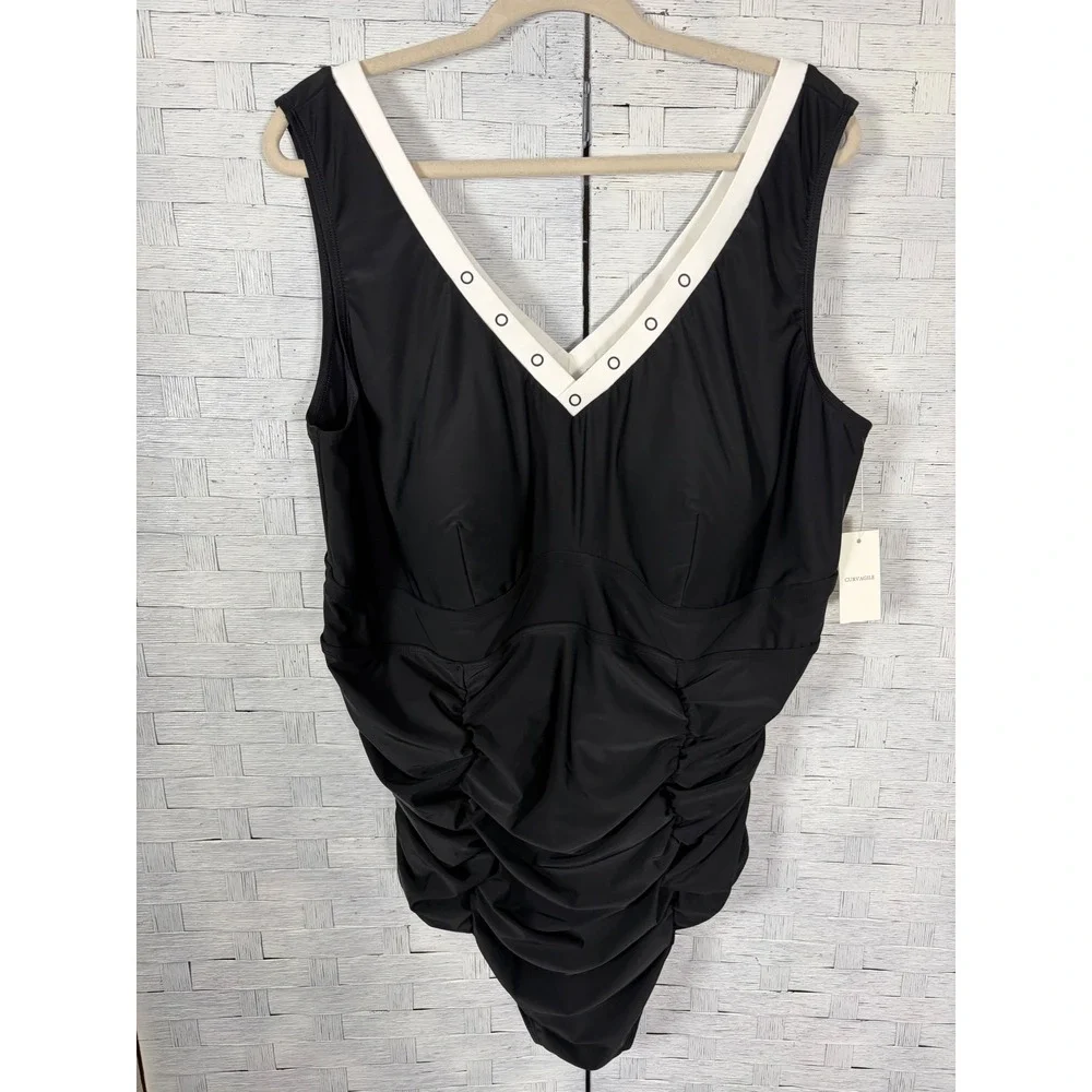 Curvagile Womens Swimsuit One Piece V-Neck Ruched Grommet Detail Plus Size